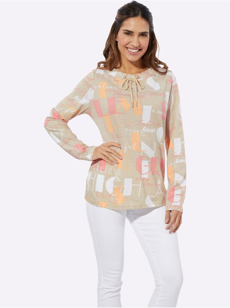 T-shirt à Manches Longues Large Col Montant Avec Coulisse - Taille Standard - Moda Vilona Rose/Sable - Kiabi