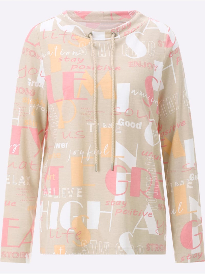 T-shirt à Manches Longues Large Col Montant Avec Coulisse - Taille Standard - Moda Vilona Rose/Sable - Kiabi