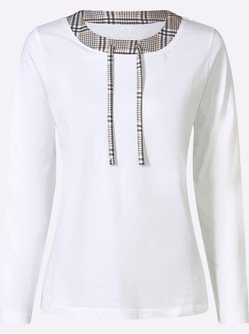 T-shirt à Manches Longues Lien à Nouer, œillets à L'encolure - Taille Standard - Moda Vilona Ecru - Kiabi