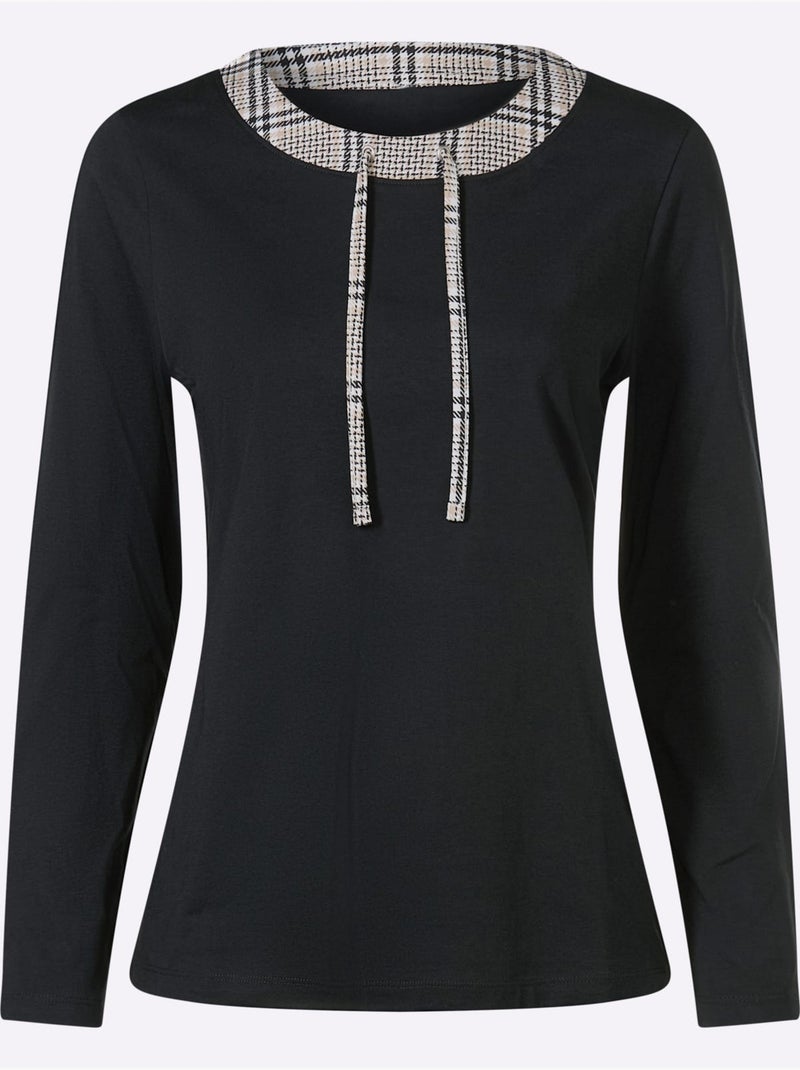 T-shirt à Manches Longues Lien à Nouer, œillets à L'encolure - Taille Standard - Moda Vilona Noir - Kiabi