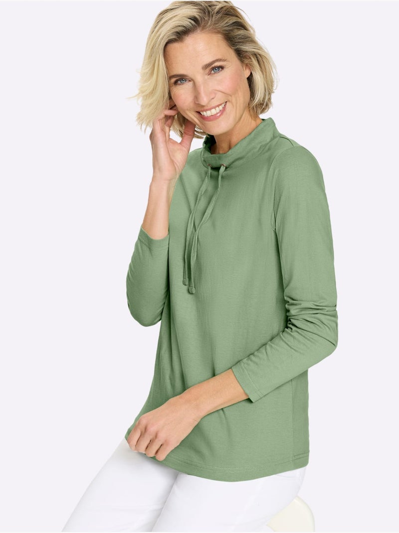 T-shirt à manches longues lien à nouer, œillets à l'encolure - taille standard - moda vilona Vert eucalyptus - Kiabi