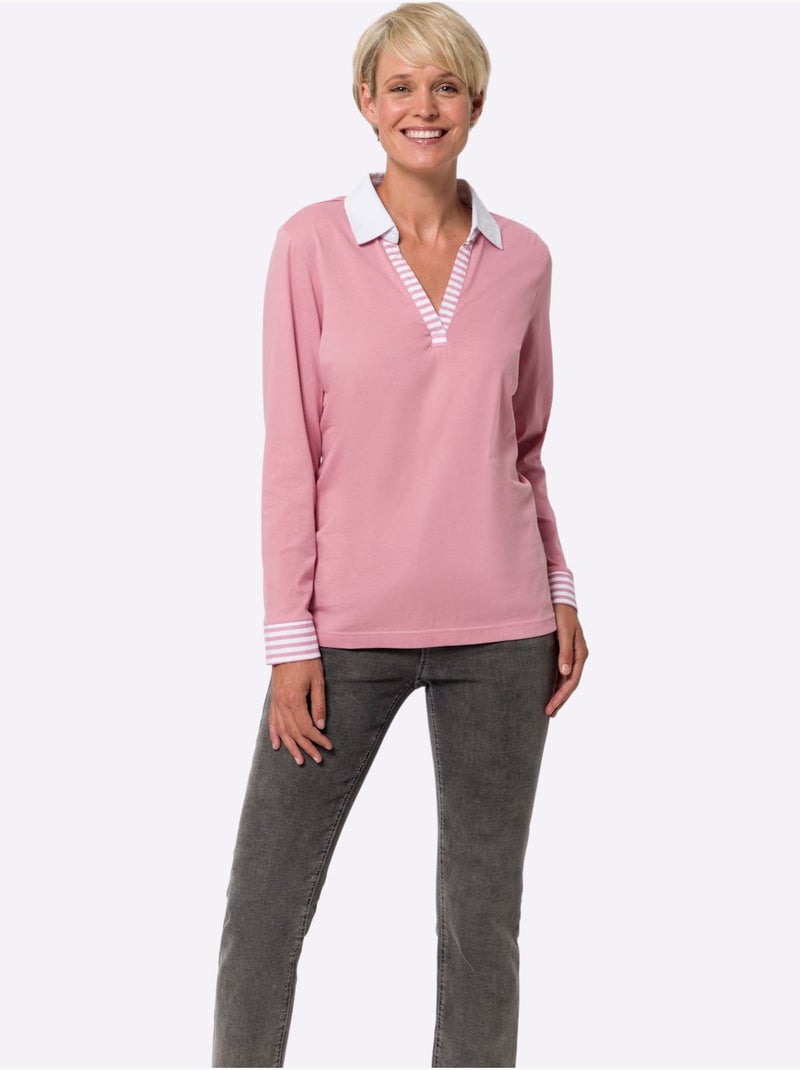 T-shirt à Manches Longues Mélange De Coloris Unis Et Rayés - Taille Standard - Moda Vilona Rose/Blanc - Kiabi