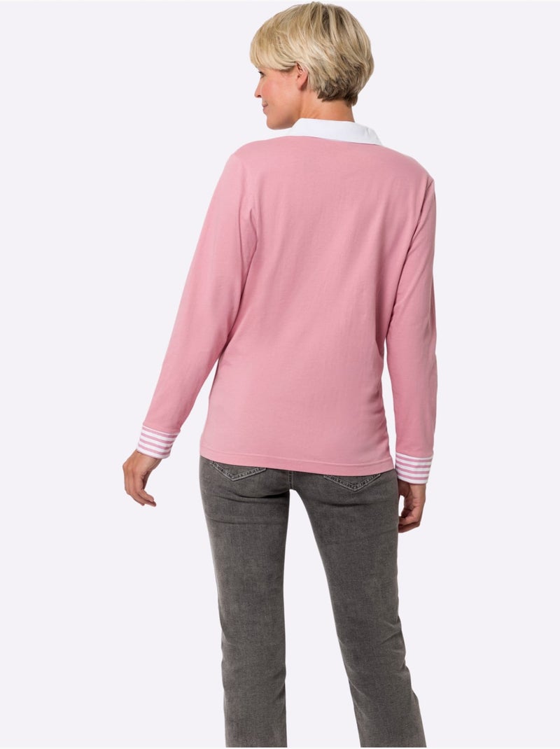 T-shirt à Manches Longues Mélange De Coloris Unis Et Rayés - Taille Standard - Moda Vilona Rose/Blanc - Kiabi