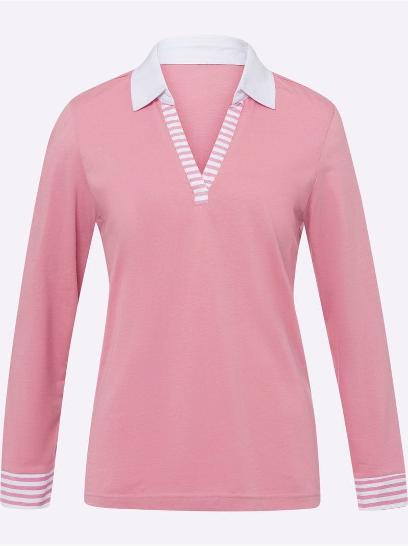 T-shirt à Manches Longues Mélange De Coloris Unis Et Rayés - Taille Standard - Moda Vilona Rose/Blanc - Kiabi