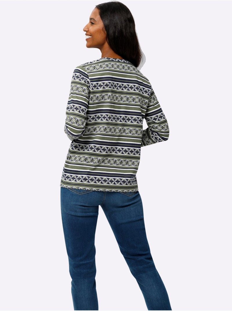 T-shirt à Manches Longues Mélange De Motifs - Taille Standard - Helline Bleu Kaki - Kiabi
