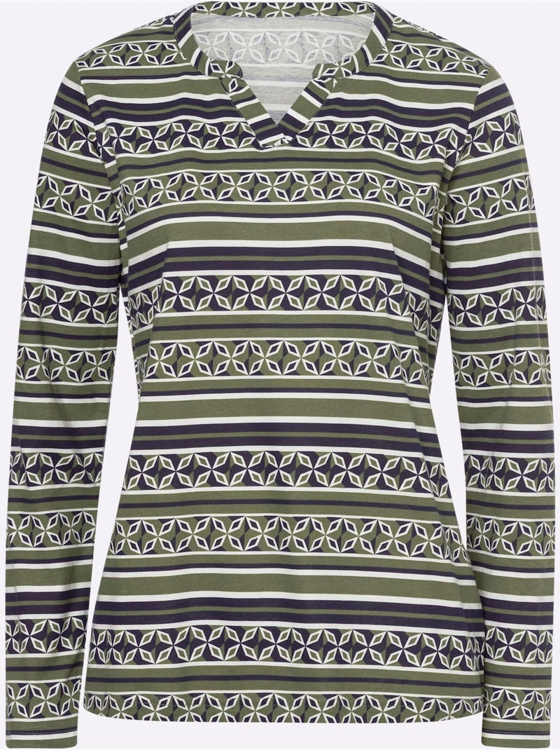 T-shirt à Manches Longues Mélange De Motifs - Taille Standard - Helline Bleu Kaki - Kiabi