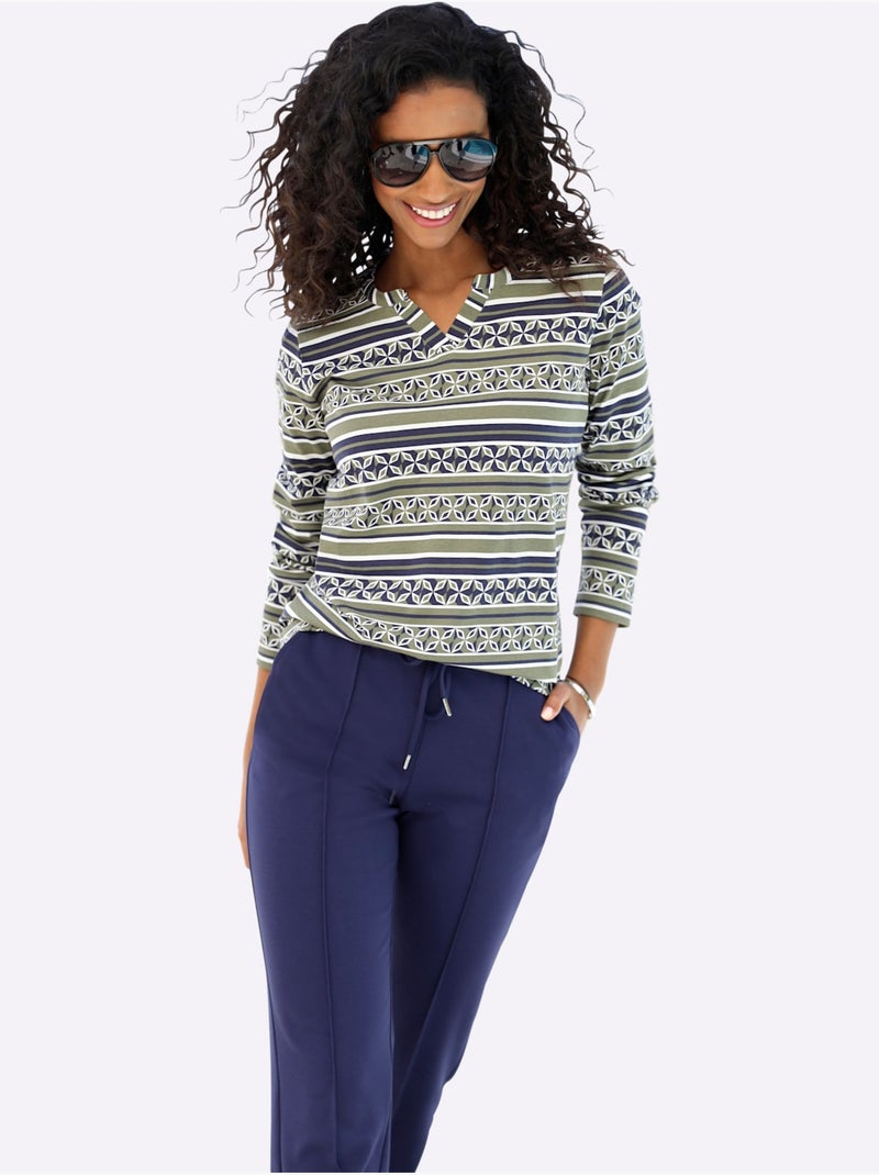 T-shirt à Manches Longues Mélange De Motifs - Taille Standard - Helline Bleu Kaki - Kiabi