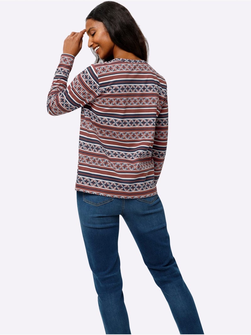 T-shirt à Manches Longues Mélange De Motifs - Taille Standard - Helline Bleu Rouge - Kiabi