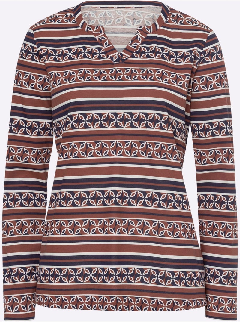 T-shirt à Manches Longues Mélange De Motifs - Taille Standard - Helline Bleu Rouge - Kiabi