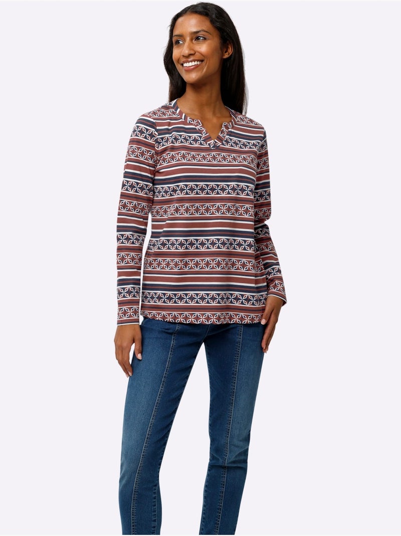 T-shirt à Manches Longues Mélange De Motifs - Taille Standard - Helline Bleu Rouge - Kiabi