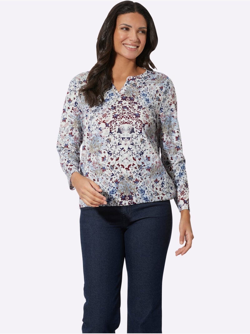 T-shirt à Manches Longues Motif Floral - Taille Standard - Moda Vilona Bleu - Kiabi