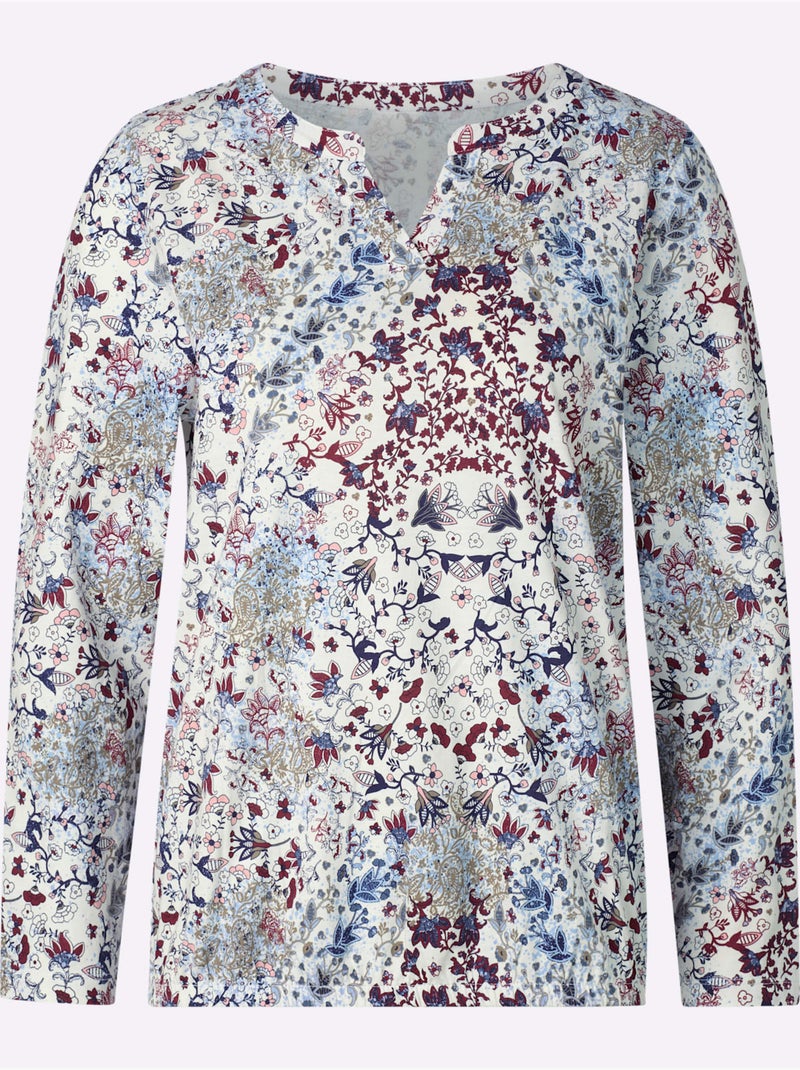 T-shirt à Manches Longues Motif Floral - Taille Standard - Moda Vilona Bleu - Kiabi
