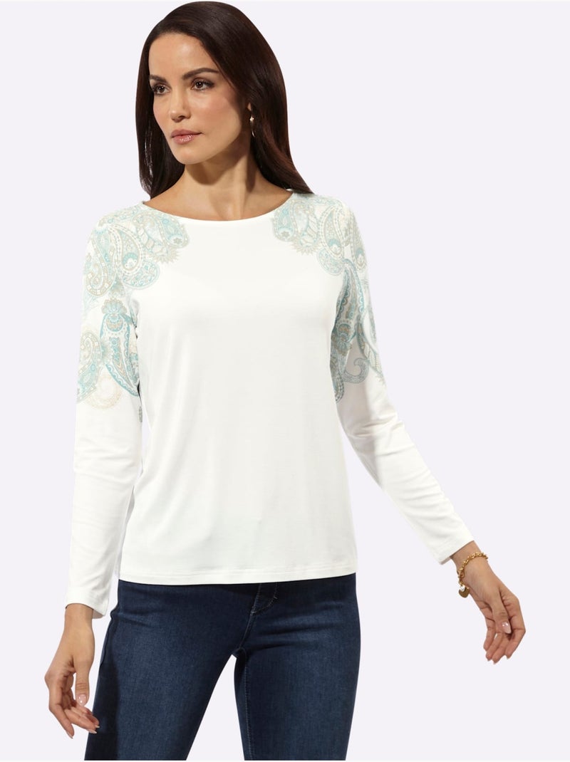 T-shirt à Manches Longues Motif Imprimé - Taille Standard - Helline Écru/Vert - Kiabi