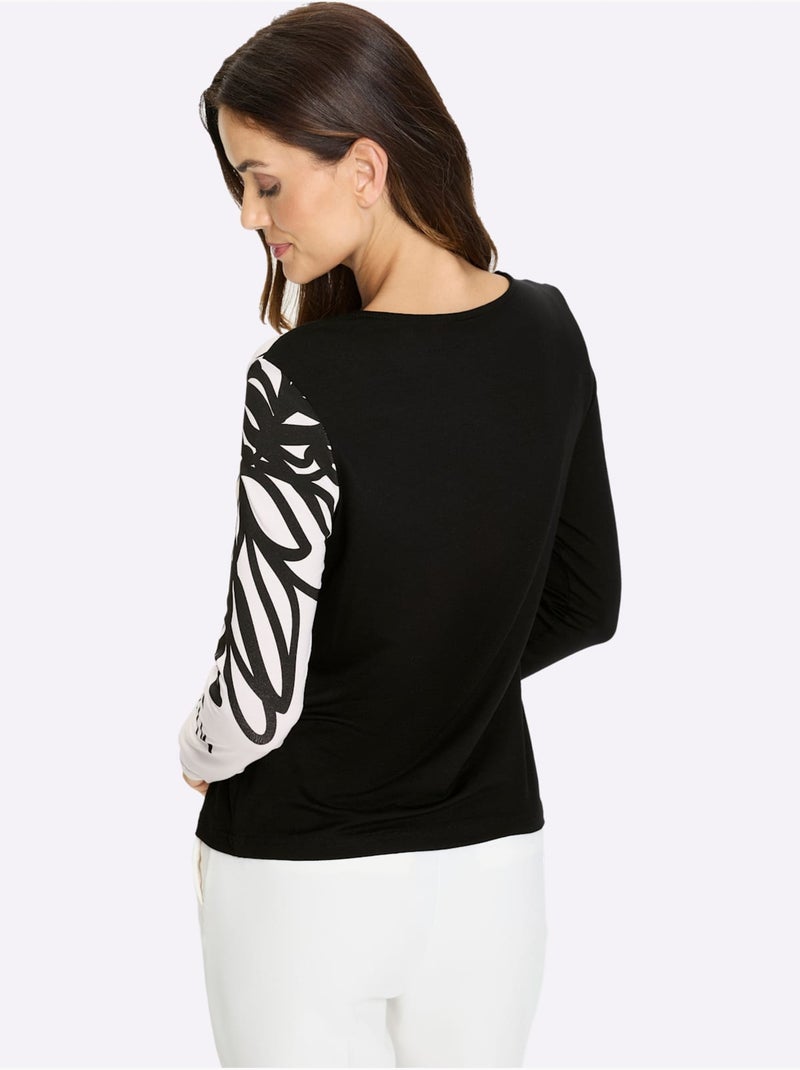 T-shirt à Manches Longues Motif Imprimé - Taille Standard - Helline Noir Ecru - Kiabi