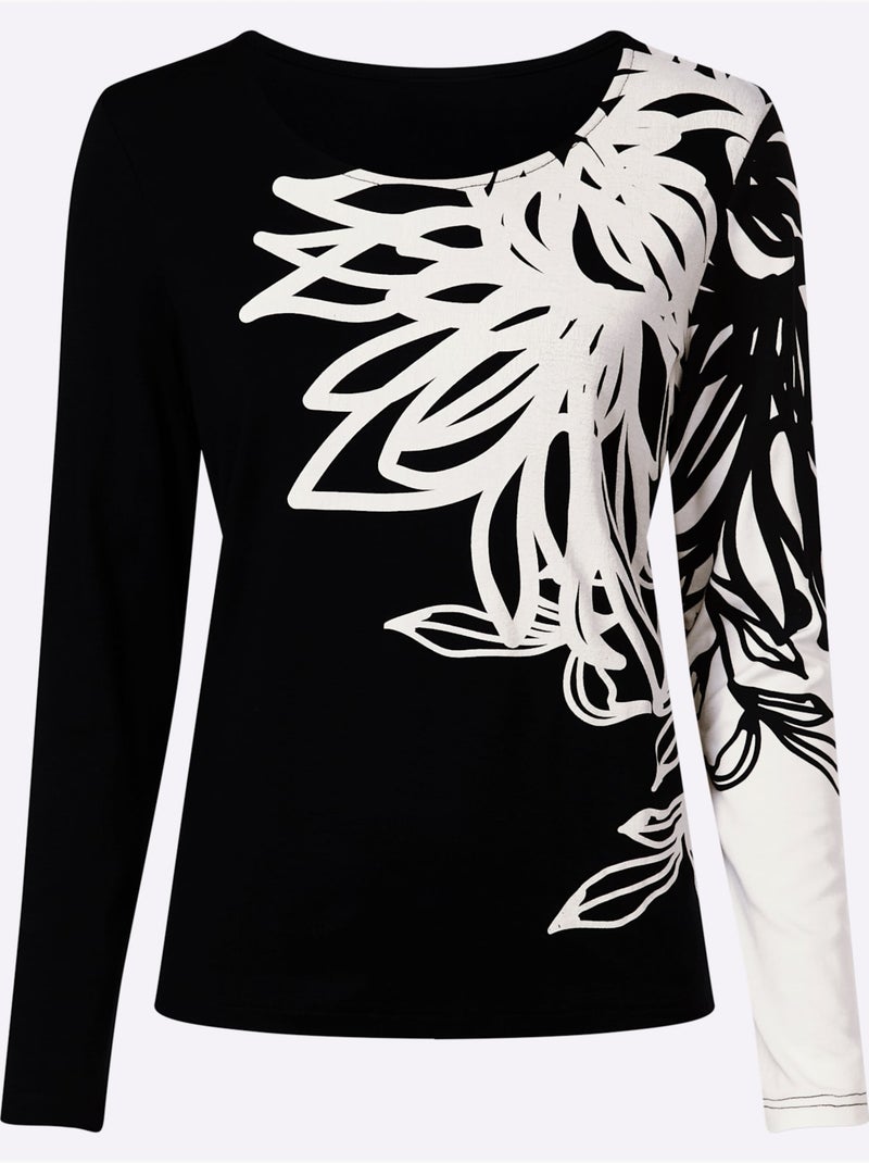 T-shirt à Manches Longues Motif Imprimé - Taille Standard - Helline Noir Ecru - Kiabi