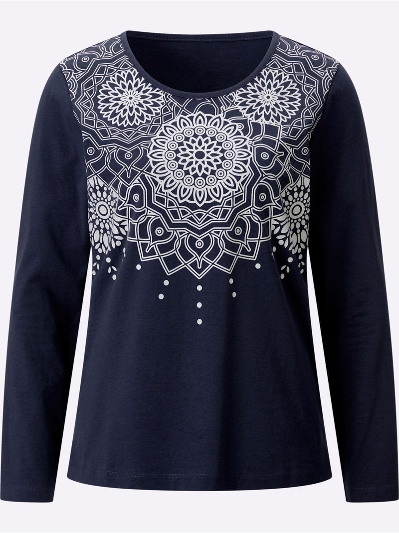 T-shirt à manches longues motif imprimé - taille standard - moda vilona Ecru/Marine - Kiabi