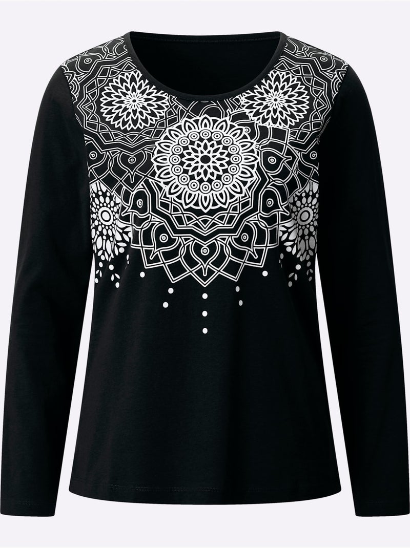 T-shirt à manches longues motif imprimé - taille standard - moda vilona Noir Beige Noir - Kiabi