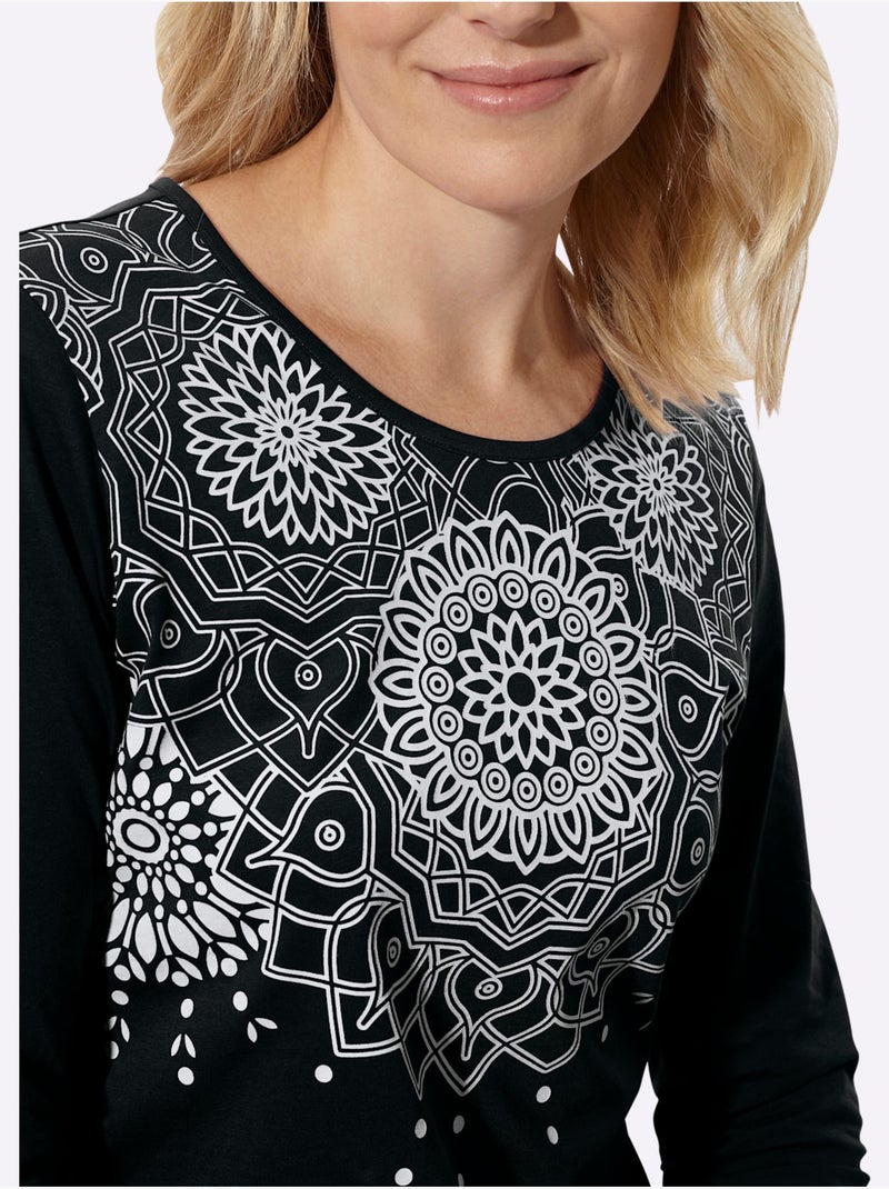 T-shirt à manches longues motif imprimé - taille standard - moda vilona Noir Beige Noir - Kiabi
