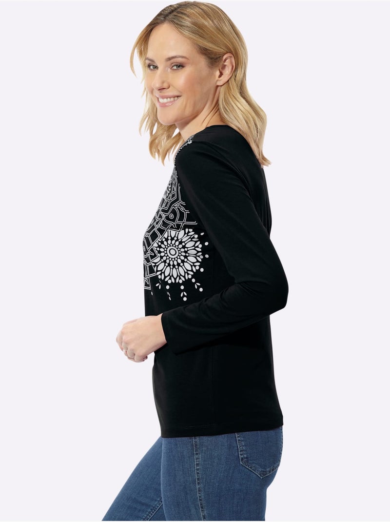 T-shirt à manches longues motif imprimé - taille standard - moda vilona Noir Beige Noir - Kiabi