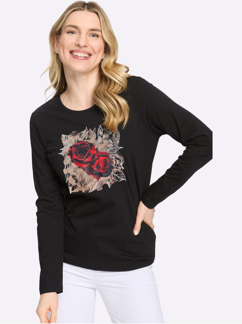 T-shirt à Manches Longues Motif Imprimé - Taille Standard - Moda Vilona Noir - Kiabi