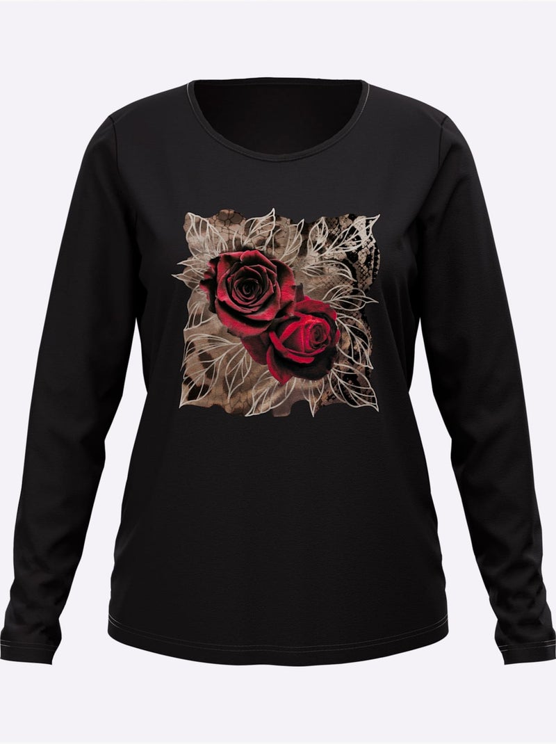 T-shirt à Manches Longues Motif Imprimé - Taille Standard - Moda Vilona Noir - Kiabi