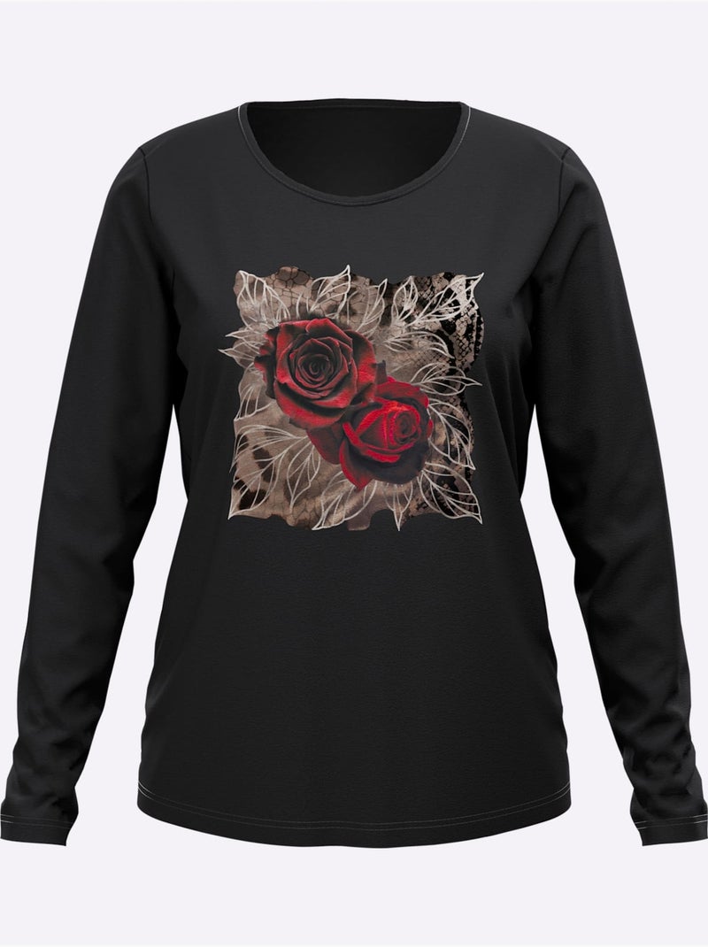 T-shirt à Manches Longues Motif Imprimé - Taille Standard - Moda Vilona Noir - Kiabi