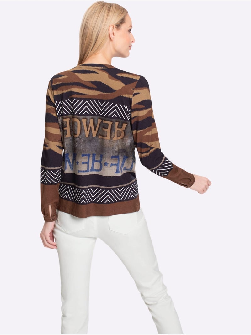 T-shirt à Manches Longues Motif Imprimé Exclusif - Taille Standard - Helline Bleu Jaune - Kiabi
