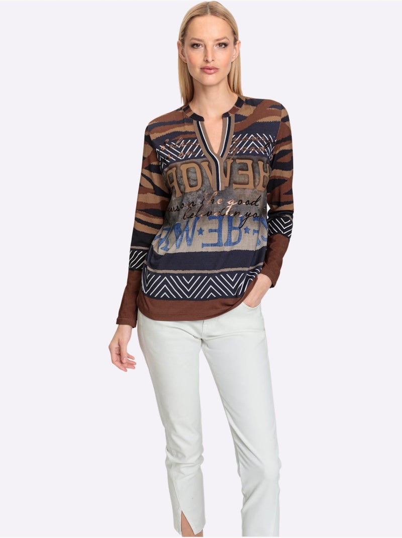 T-shirt à Manches Longues Motif Imprimé Exclusif - Taille Standard - Helline Bleu Jaune - Kiabi