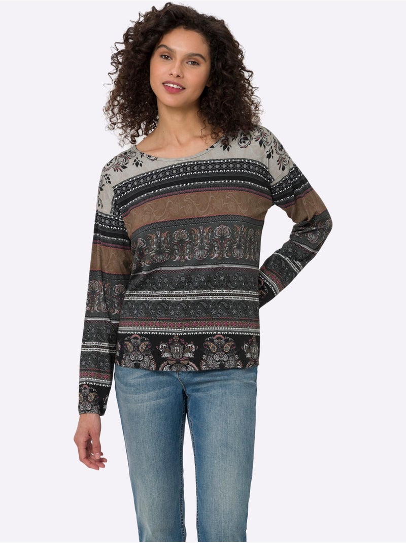 T-shirt à Manches Longues Motif Imprimé Romantique - Taille Standard - Helline Marron - Kiabi
