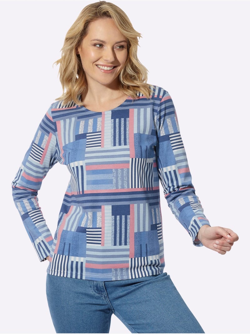 T-shirt à manches longues motif patchwork moderne - taille standard - moda vilona Bleu Rose - Kiabi