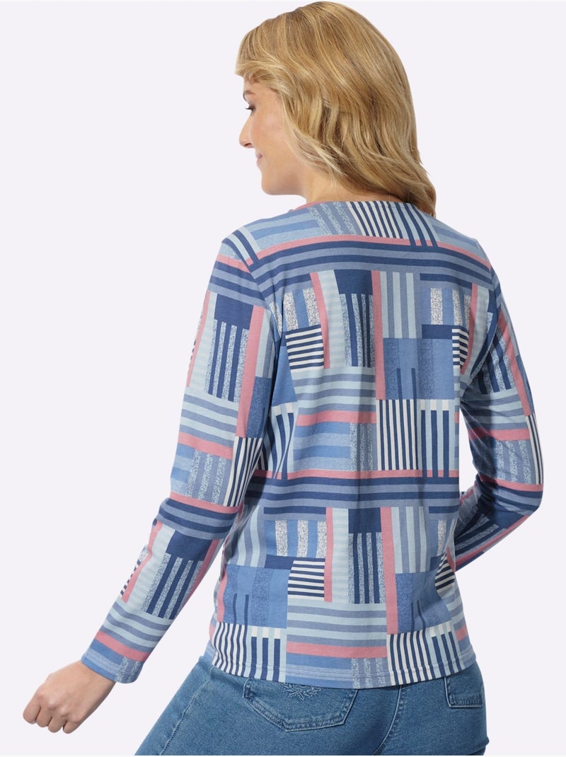 T-shirt à manches longues motif patchwork moderne - taille standard - moda vilona Bleu Rose - Kiabi