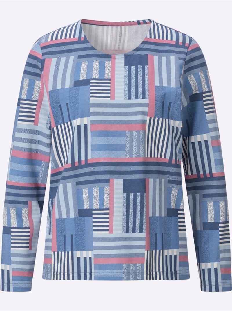 T-shirt à manches longues motif patchwork moderne - taille standard - moda vilona Bleu Rose - Kiabi