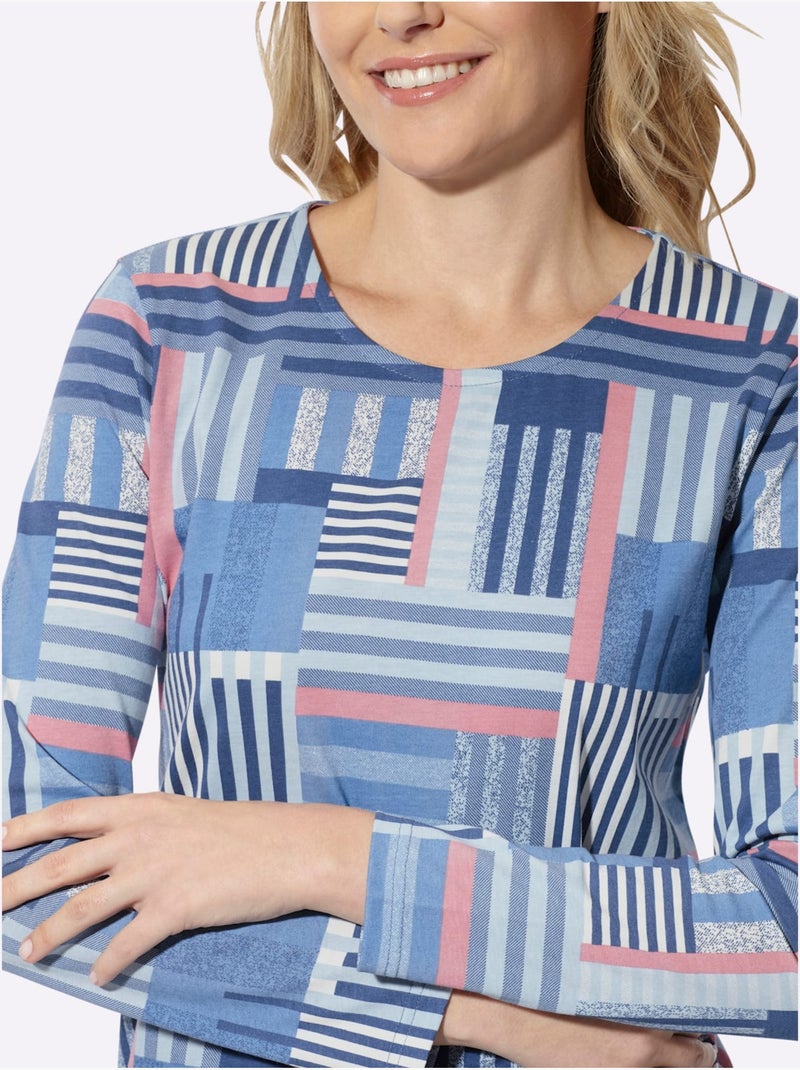 T-shirt à manches longues motif patchwork moderne - taille standard - moda vilona Bleu Rose - Kiabi