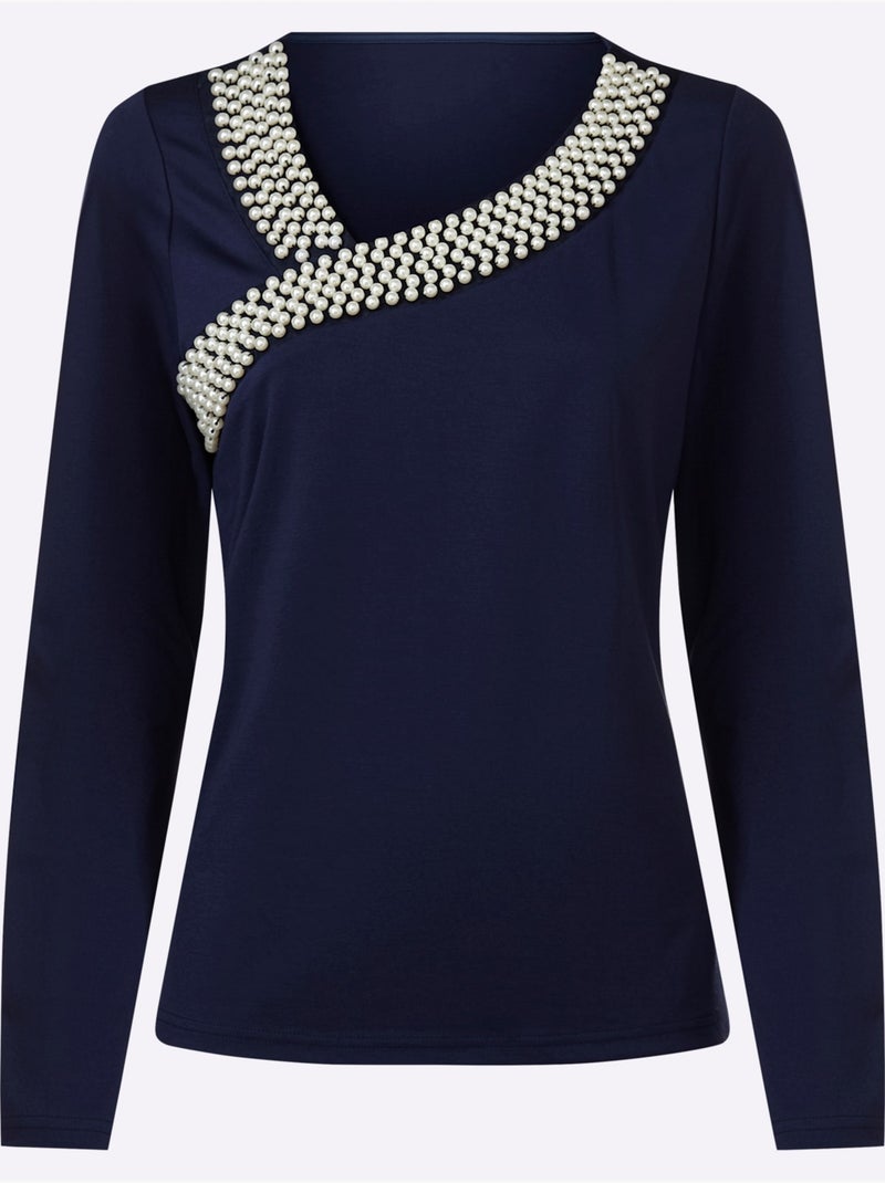 T-shirt à Manches Longues Perles Décoratives - Taille Standard - helline Bleu marine - Kiabi