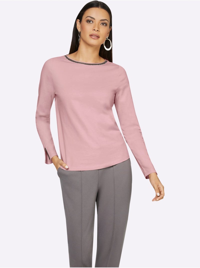 T-shirt à manches longues petites pierres fantaisie sur l'encolure - taille standard - helline Rose - Kiabi