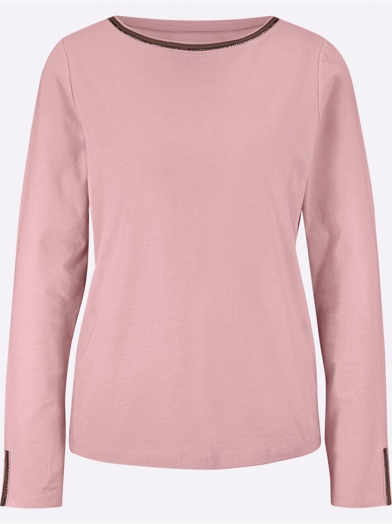 T-shirt à manches longues petites pierres fantaisie sur l'encolure - taille standard - helline Rose - Kiabi
