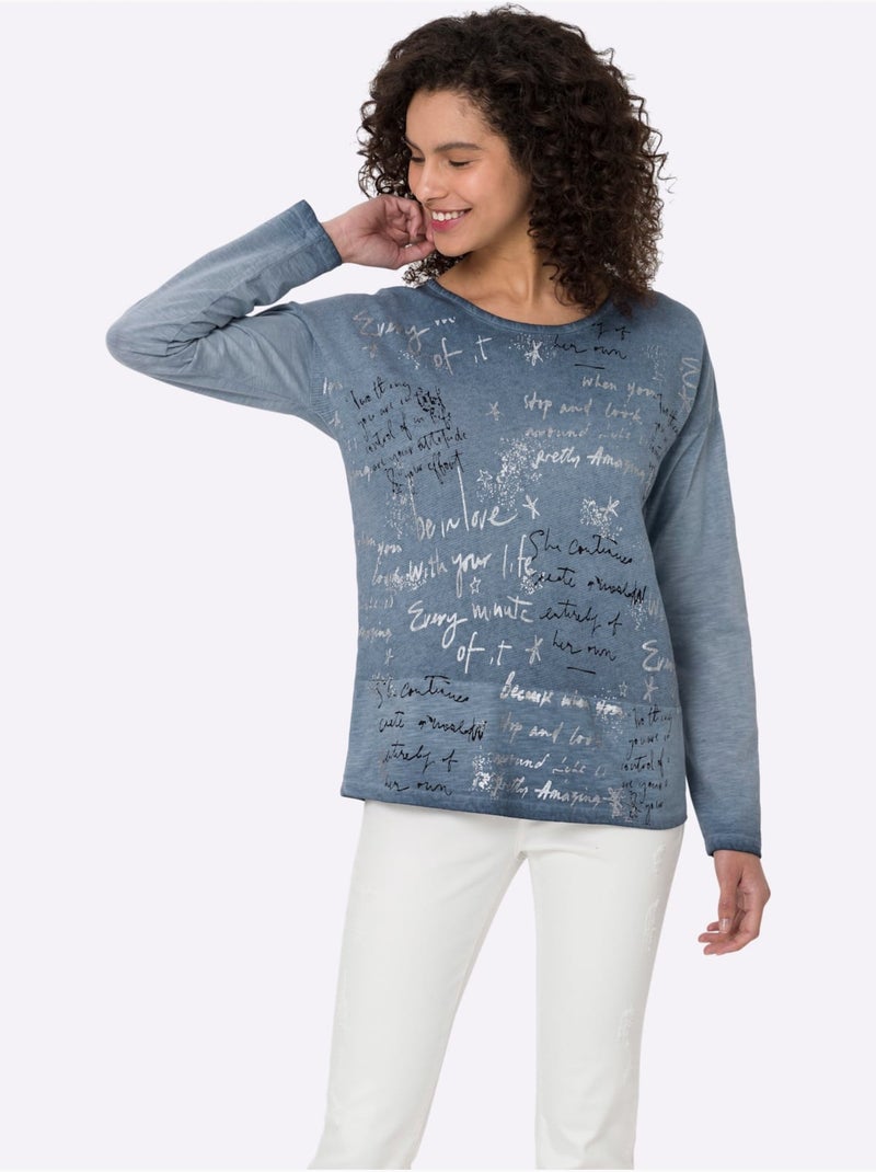 T-shirt à Manches Longues Pur Coton - Taille Standard - Helline Bleu - Kiabi