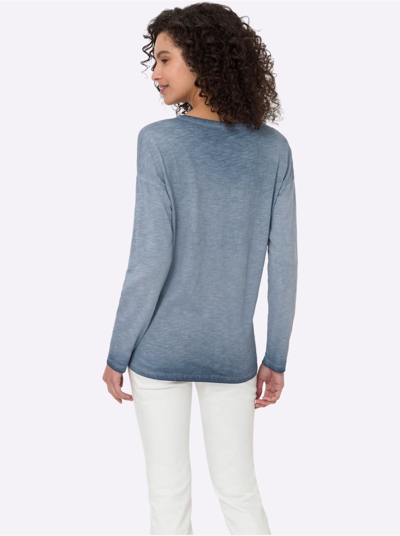 T-shirt à Manches Longues Pur Coton - Taille Standard - Helline Bleu - Kiabi