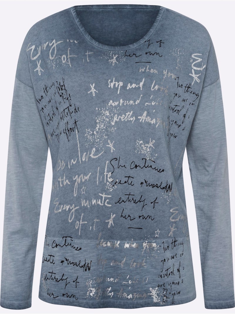 T-shirt à Manches Longues Pur Coton - Taille Standard - Helline Bleu - Kiabi