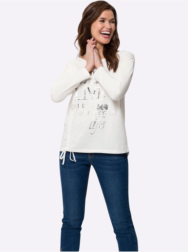 T-shirt à Manches Longues Pur Coton - Taille Standard - helline Ecru - Kiabi