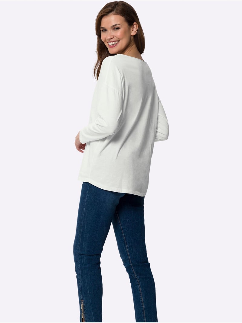 T-shirt à Manches Longues Pur Coton - Taille Standard - helline Ecru - Kiabi