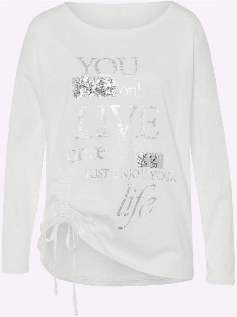 T-shirt à Manches Longues Pur Coton - Taille Standard - helline Ecru - Kiabi