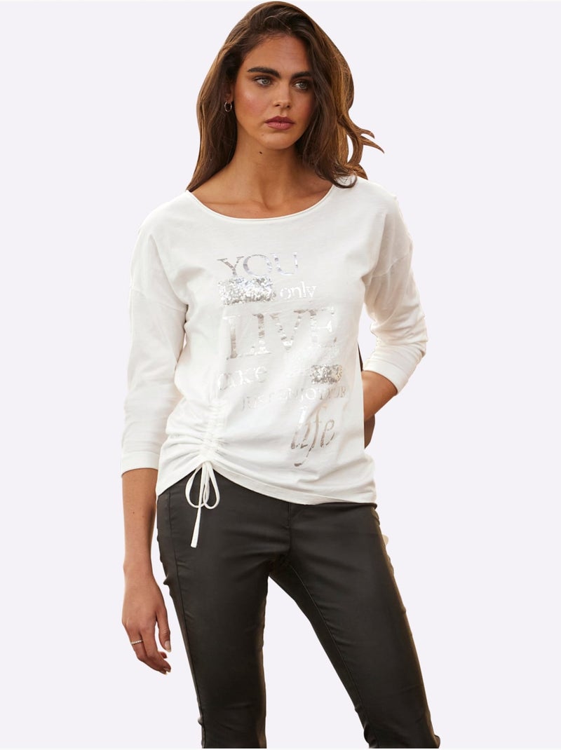 T-shirt à Manches Longues Pur Coton - Taille Standard - helline Ecru - Kiabi