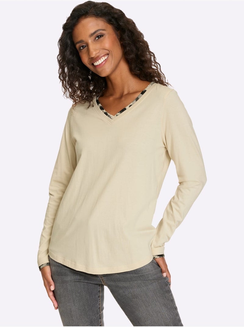 T-shirt à Manches Longues Pur Coton - Taille Standard - Helline Sable - Kiabi