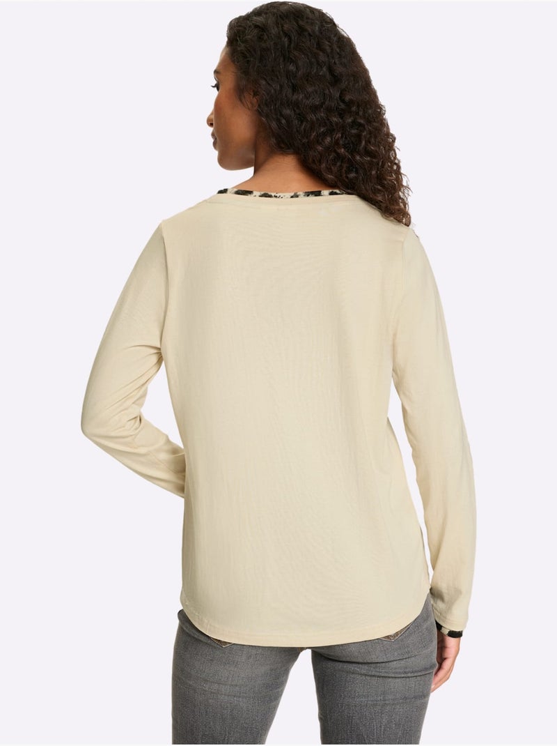 T-shirt à Manches Longues Pur Coton - Taille Standard - Helline Sable - Kiabi