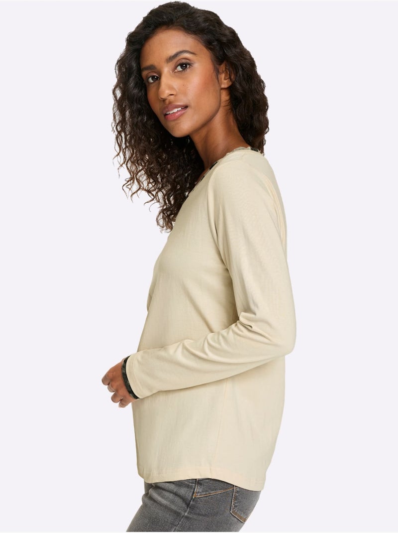 T-shirt à Manches Longues Pur Coton - Taille Standard - Helline Sable - Kiabi
