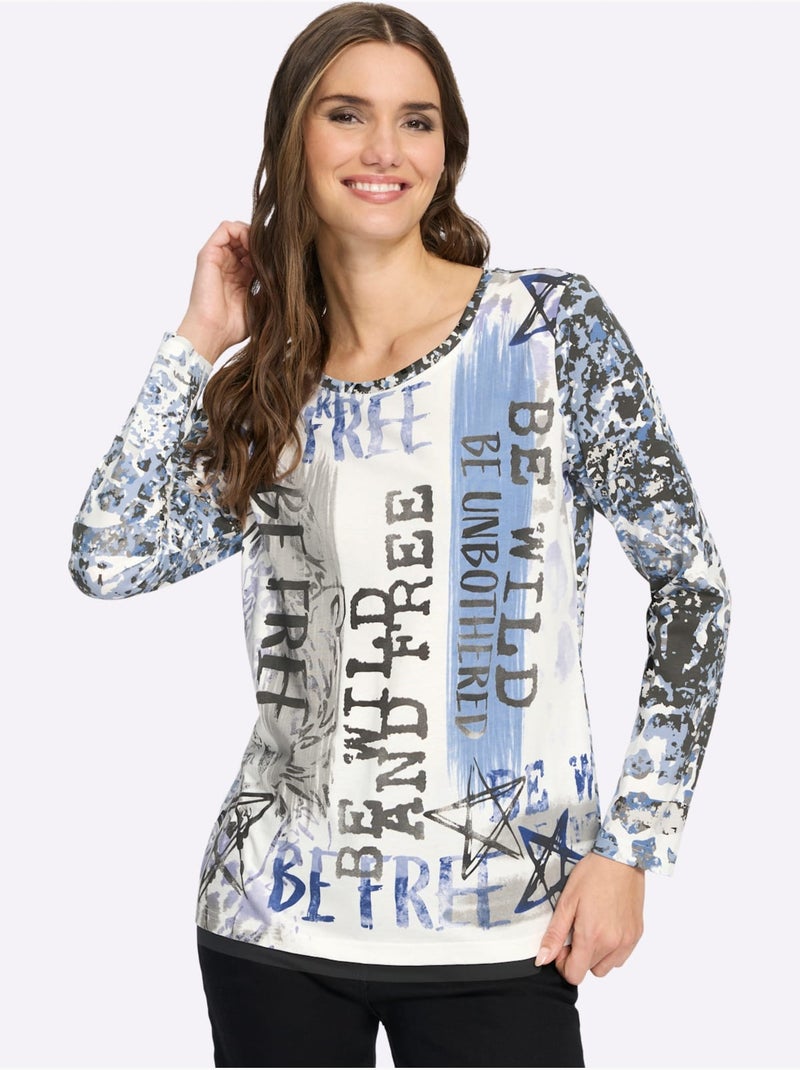 T-shirt à Manches Longues Pur Coton - Taille Standard - Moda Vilona Bleu Ecru - Kiabi