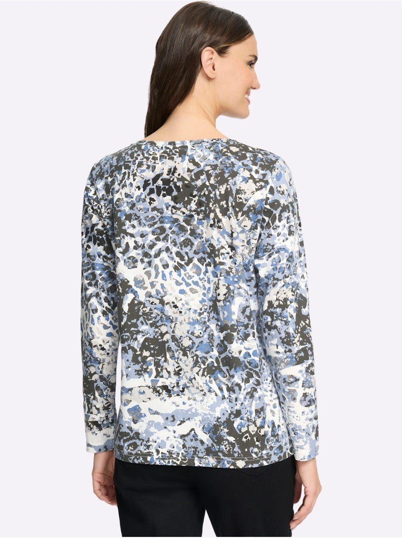 T-shirt à Manches Longues Pur Coton - Taille Standard - Moda Vilona Bleu Ecru - Kiabi