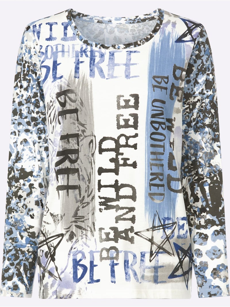 T-shirt à Manches Longues Pur Coton - Taille Standard - Moda Vilona Bleu Ecru - Kiabi