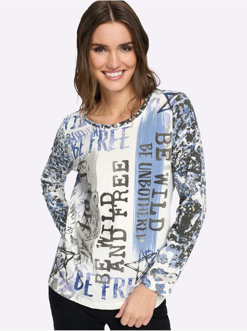 T-shirt à Manches Longues Pur Coton - Taille Standard - Moda Vilona Bleu Ecru - Kiabi